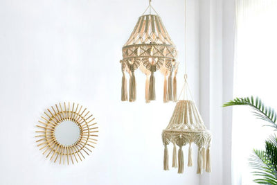 Lustre Macramé Nour Petite et Grande Taille Atelier Macramé mur blanc et miroir