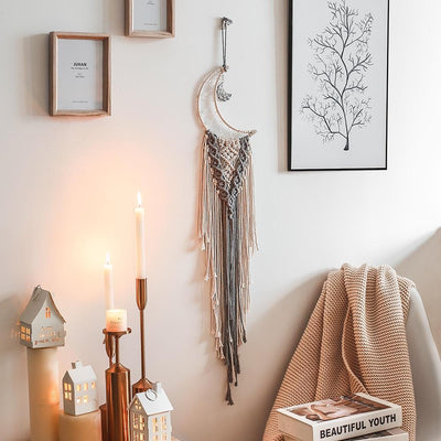 Macramé Mural Luna Atelier Macramé Macramé en forme de Lune tressage gris