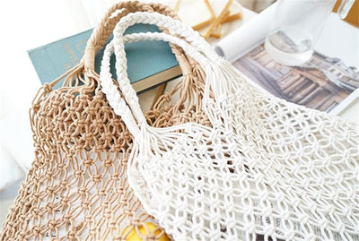 Sac Filet Macramé blanc et camel